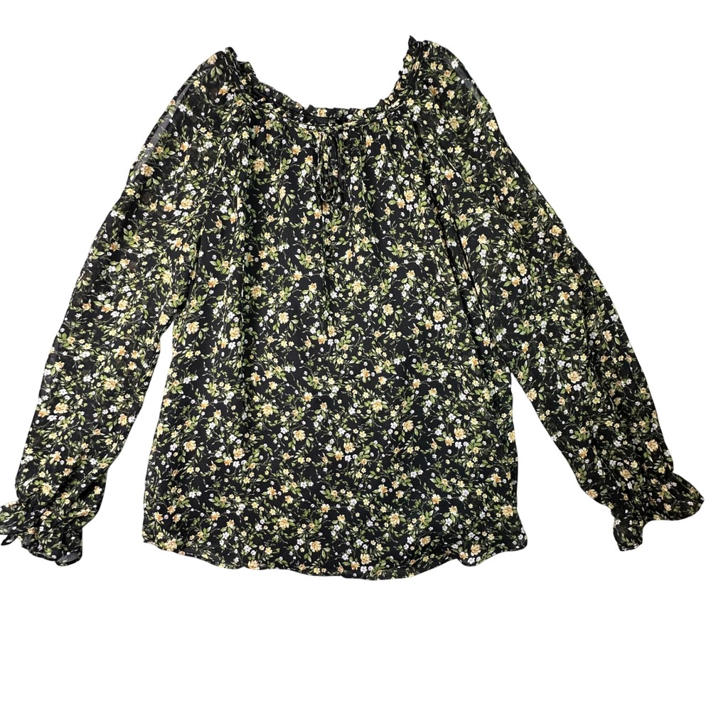 A. Byer Floral Cold Shoulder Blouse Ruffle Tie Neck Boho Top Large Black Yellow